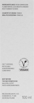 Tył opakowania hydrolatu różanego 100ml. Widoczne składniki, kraj pochodzenia Francja, certyfikaty FSC i Vegan.
