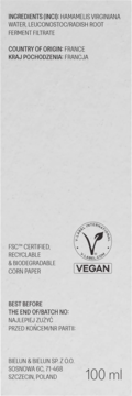 Tył hydrolatu z oczaru wirginijskiego 100ml z listą składników, krajem pochodzenia (Francja) i certyfikatem Vegan.