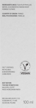 Tył etykiety ekologicznego hydrolatu lipowego: składniki INCI, kraj pochodzenia (Francja), certyfikaty FSC i Vegan.
