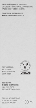 Tył opakowania ekologicznego hydrolatu rozmarynowego 100 ml z listą składników i certyfikatem Vegan.