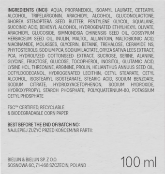 Tył maski do twarzy Ministerstwo Cukier 100ml, widoczna pełna lista składników INCI, certyfikaty i dane producenta.