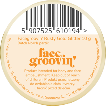 Zbliżenie na okrągłe opakowanie Facegroovin' Rusty Gold Glitter 10g, jasne złoto, widoczny kod kreskowy i tekst.