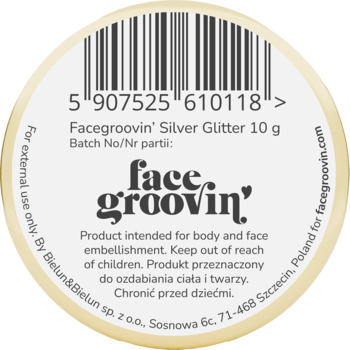 Okragła naklejka Facegroovin' Silver Glitter 10g, widok z góry, z kodem kreskowym i tekstem o użyciu.