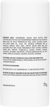 Tył białego, wegańskiego balsamu do ciała Ministerstwo Banan w sztyfcie z widoczną listą składników 75g.