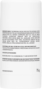 Tył białego balsamu w sztyfcie Ministerstwo Śliwka z widoczną listą składników i informacją o wadze 75g.