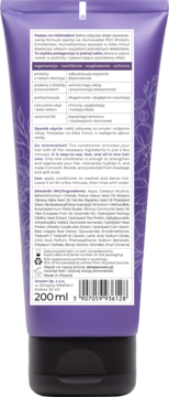 Tył fioletowej tubki odżywki Wish me PEH 200ml. Widoczna etykieta ze składem, opisem funkcji i kodem kreskowym.