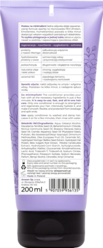 Tył lawendowej tubki odżywki do włosów PEH, 200 ml, z pełną listą składników, wzmacniająca i nawilżająca.