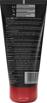 Tył czarno-czerwonego szamponu dla wrażliwej skóry głowy, z czytelnym tekstem i ikonami. Widok z bliska.