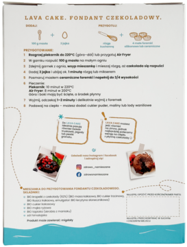 Tył białego opakowania Lava Cake Fondant Czekoladowy, z dokładnym przepisem i apetycznymi zdjęciami deseru.