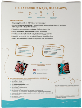Tył opakowania BIO babeczek z mąką migdałową, instrukcje, lista składników. Białe z zielonym dołem.