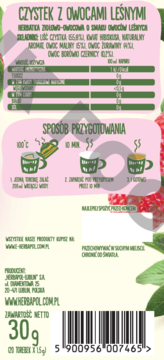 Tył zielonego opakowania herbatki Czystek z Owocami Leśnymi, dane odżywcze i instrukcja parzenia.