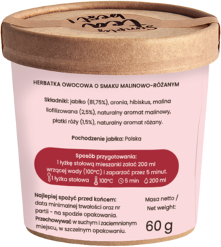 Tył opakowania herbatki owocowej malinowo-różanej w brązowym kubku, z widoczną etykietą, składem i wagą 60g.