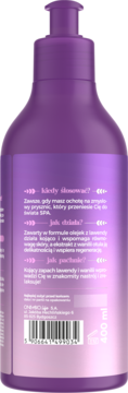 Tylna strona fioletowej butelki żelu pod prysznic z pompką. Widoczne informacje o lawendzie i wanilii, 400 ml.