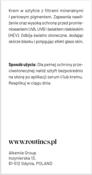 Fragment ulotki kremu w sztyfcie Routines.pl: filtry mineralne, ochrona UVA/UVB/HEV, perłowy pigment, glass skin.