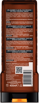 Tył przezroczystej brązowej butelki żelu BARBER CLUB 400ml do ciała, włosów, brody, z etykietą.