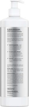 Tył białej butelki szamponu REVOX PROFESSIONAL wygładzającego z hydrolizowanym jedwabiem 900ml z polskim opisem.