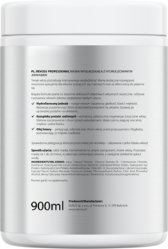 Białe opakowanie maski wygładzającej do włosów z jedwabiem, widok z tyłu, widoczny polski opis.