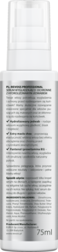 Tył srebrno-białej butelki serum do włosów Revia Professional z jedwabiem 75ml, widoczne składniki i opis.