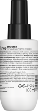 Tył białej butelki Tri.hee AndroCare Trichology Booster na wypadanie włosów 100ml, z czarną pompką i składem.