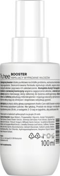 Tył białej butelki truHee BOOSTER z atomizerem, hamującego wypadanie włosów, z czytelnym składem, 100ml.