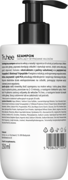 Tył białej butelki szamponu Tri.hee na wypadanie włosów 250ml z czarną pompką, etykietą składników i kodem kreskowym.