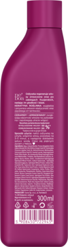 Tył butelki odżywki Bioelixire z keratyną roślinną, ceramidami i aminokwasami. Magenta butelka 300ml.