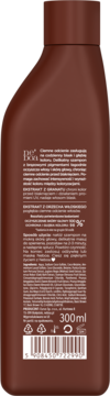 Tył brązowej butelki szamponu ochronnego do włosów farbowanych na ciemno, z etykietą i kodem kreskowym, 300ml.