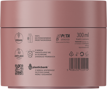 Tył różowo-złotego słoika maski odbudowującej z peptydami. Widoczne ikony Vegan, Peta, kod QR i 300ml.