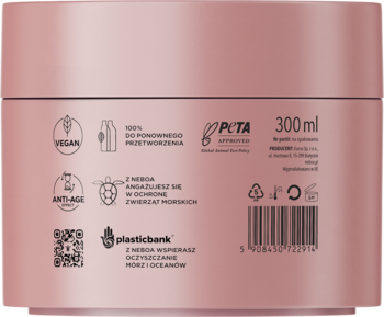 Tył różowej maski odbudowującej z peptydami anti-age, 300 ml. Widoczne ikony Vegan, PETA, recykling i Plasticbank.