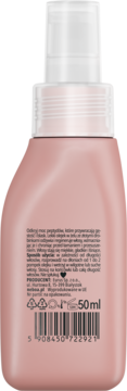 Różowa butelka olejku w żelu do włosów z peptydami, tył z białą pompką, etykietą, kodem kreskowym i 50 ml.