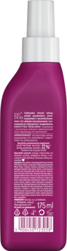 Tył purpurowej butelki odżywki bez spłukiwania do włosów po keratynowym prostowaniu, 175ml, z białym tekstem.