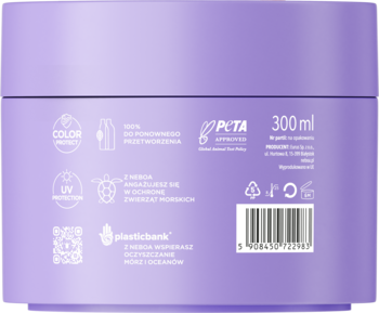 Tył fioletowej maski ochronnej do włosów blond, 300ml. Widoczne ikony Color Protect, UV, PETA, i kod kreskowy.