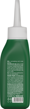 Tylna strona zielonej butelki peeling kwasowy normalizujący do skóry głowy, z białym aplikatorem i kodem kreskowym.