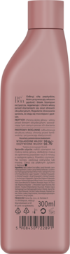Tył różowej butelki szamponu MY.BXXI odbudowującego z peptydami, widoczne 300ml, skład i kod kreskowy.