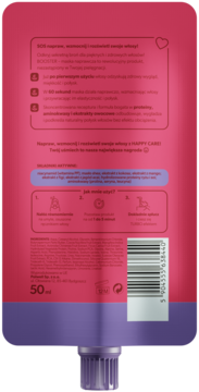 Tył różowej saszetki maski do włosów Happy Care Booster 50ml z kodem kreskowym, opisem i instrukcjami użycia.