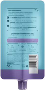 Tył fioletowo-niebieskiego opakowania nawilżającej maski-boostera do włosów 50ml, z polskimi napisami i kodem kreskowym.