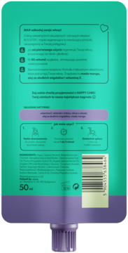 Tył turkusowo-fioletowej tubki maski do włosów, widoczne instrukcje, składniki oraz kod kreskowy.