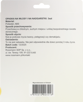 Tył opakowania opasek na włosy i nadgarstki Rossmann, z instrukcją użycia i kodem kreskowym na dole.
