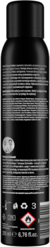 Tył czarnej, cylindrycznej puszki aerozolu z nieczytelnym białym tekstem, symbolami ostrzegawczymi i objętością 200 ml.