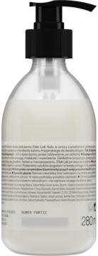 Tył białej butelki szamponu Folie Loki Koki 280ml z czarną pompką, widoczna etykieta ze składem w języku polskim.