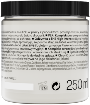 Tył białego słoika odżywki FLK High Intense z ceramidami i olejem Inca Inchi, czarna zakrętka, 250ml.