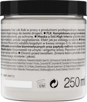 Tył jasnego słoika maski High Intense z ceramidami i peptydami, czarna nakrętka, widoczne napisy, 250 ml.