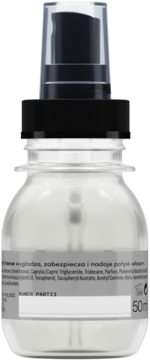 Przezroczysta butelka serum do włosów z czarną pompką, widok od tyłu, szara etykieta ze składem, 50ml.