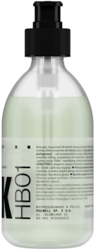 Clear bottle of light green hair care liquid with a black pump, front view, featuring 'K HB01' on the label.