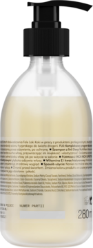 Tył butelki szamponu FLK Deep Nutrition do włosów 280ml z czarną pompką, widoczna etykieta ze składem.