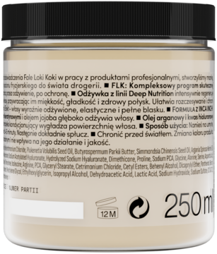 Tył odżywki do włosów FLK Deep Nutrition 250ml w przezroczystym słoiku, z listą składników i czarną zakrętką.