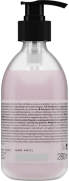 Tył butelki szamponu FLR Fale Loki Kok Smooth Garden 280ml, przezroczysta, z czarną pompką i etykietą.