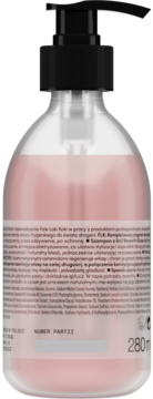 Tył szamponu FLK Smooth Gloss 280ml, butelka z czarną pompką. Etykieta z polskim opisem działania: wygładza, redukuje puszenie.