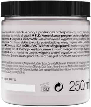 Jasnoróżowy słoik Loki Koki Smooth Gloss, odżywka do włosów z masłem mango, widok z tyłu z opisem, 250ml.