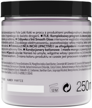 Tył fioletowej odżywki Smooth Gloss Fale Loki Koki z czarną nakrętką, widoczny opis składników i numer partii.